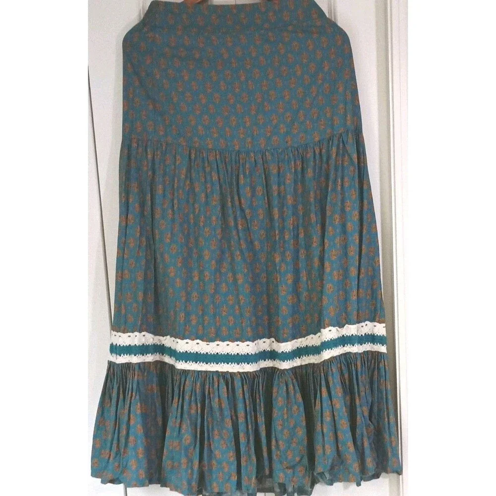 Luna Moon Blue Brown Floral Cotton Boho Long Skirt Lace Tiered Elastic Waist M